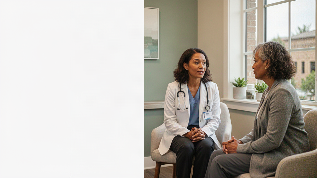 Direct primary care physician talking with a patient in a modern independent clinic